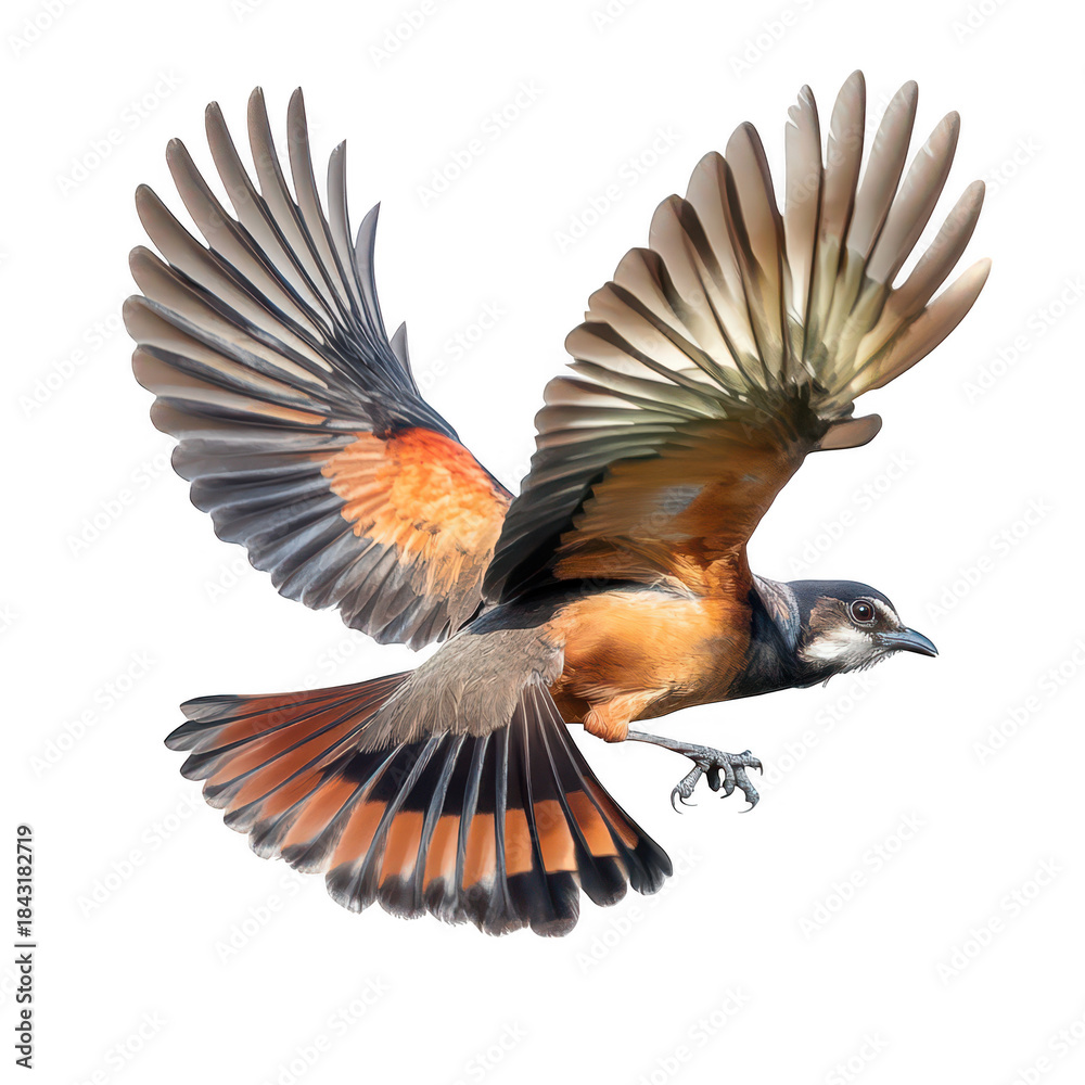 Obraz premium A bird in mid-flight its colorful plumage against a white background. symbolizing freedom and natures beauty. ideal for wildlife and nature-themed projects