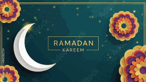 Graphic design featuring a crescent moon and colorful floral patterns on a dark background with Ramadan Kareem text.