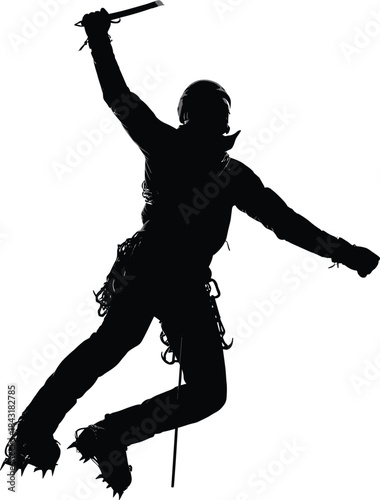 Ice climbing action silhouette, mountaineer jumping pose, extreme sport icon, ice axe, crampons, harness gear, adventure figure, winter climb