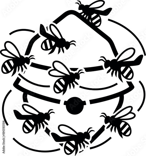 Silhouette of bees flying around a beehive