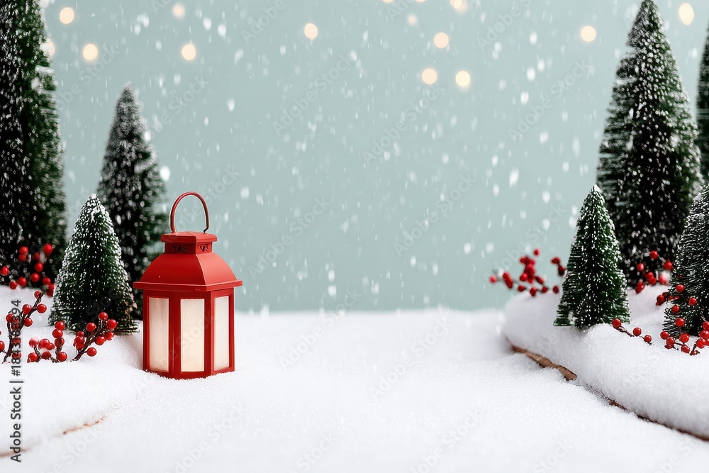 Obraz premium Forest path Christmas banner with lantern glow, snowy ground, misty trees and calm winter serenity
