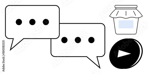Communication, messaging, digital media, content sharing, social interaction, online chat tools. Two speech bubbles with dots, a play icon and a jar. Communication and messaging concept