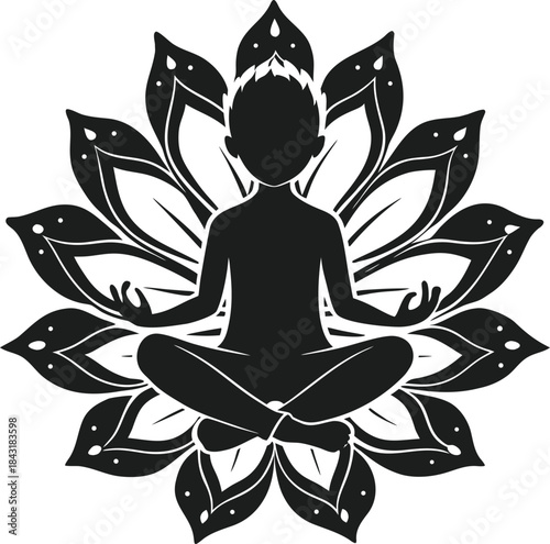 Peaceful meditation silhouette in lotus position with a beautiful ornate flower design