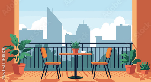 Beautiful balcony with a table, two chairs, and potted plants, offering a stunning view of the city skyline during the day.