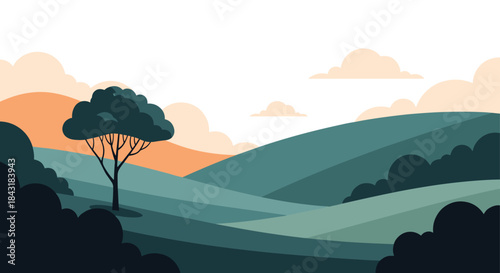 Serene and minimalist landscape of rolling green hills with a single tree under a calm sky with soft clouds at sunset.