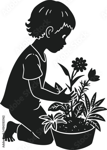 Young child kneeling and nurturing a plant in a flower pot, black and white silhouette art