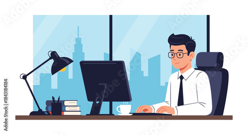 Young businessman with glasses working on his computer at a desk in a modern office with a large window and a city view.