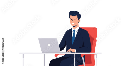 Happy and successful businessman in a suit and a red chair, smiling while working on his laptop at a white desk.