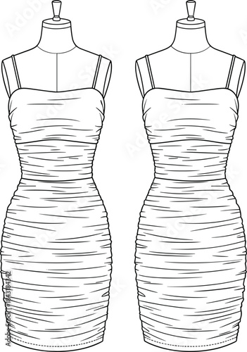 Women's ruched bodycon mini dress fashion illustration, featuring a straight neckline, spaghetti straps, fitted silhouette, and front and back view on a mannequin, isolated vector template.