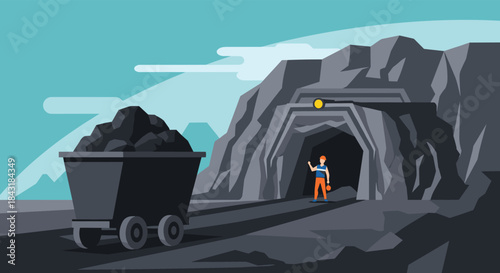 Coal mining scene with a mine entrance in a rocky mountain, a cart full of coal, and a miner with a helmet and tools.