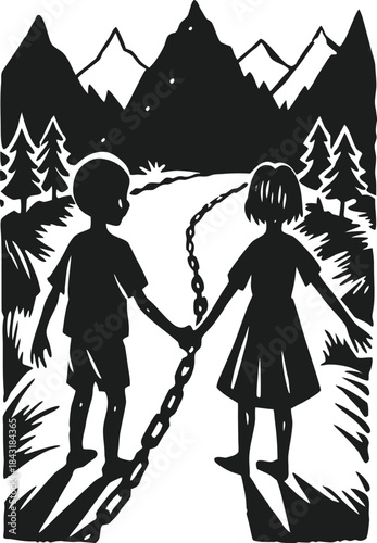 A black and white woodcut showing two children connected by a heavy chain on a journey through the mountains