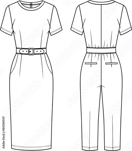 Women's short sleeve belted midi jumpsuit technical flat sketch, featuring a crew neck, tapered leg, fitted waist, and side seam pockets, isolated vector illustration template.