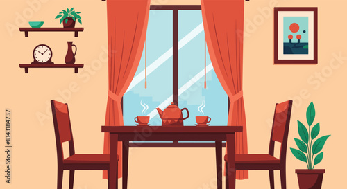 Cozy dining room illustration with a wooden table set for tea for two by a large window with warm-colored curtains.