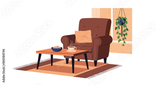 Cozy and comfortable room corner with a brown armchair, a coffee table with a hot drink, and a hanging plant near the window.