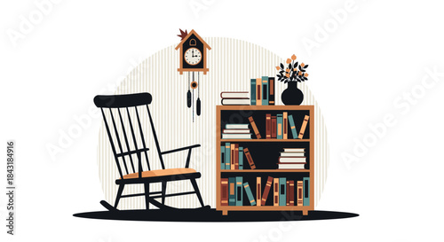 Cozy reading nook illustration with a wooden rocking chair, a bookcase full of books, and a cuckoo clock on the wall.