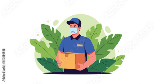 Delivery man wearing a protective face mask holds a cardboard package, surrounded by green leaves for a safe delivery concept.