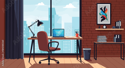 Modern home office workspace with a laptop on a wooden desk and a large window with a beautiful city skyline view.