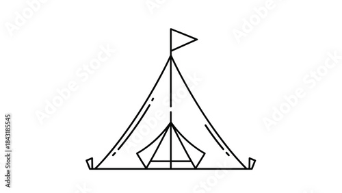 Minimalist black and white line art icon of a simple triangular camping tent with a flag, symbolizing adventure and the outdoors.