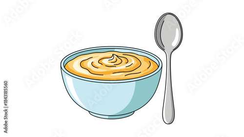 Colorful cartoon illustration of a blue bowl filled with yellow porridge or puree, served with a spoon for a healthy breakfast meal.