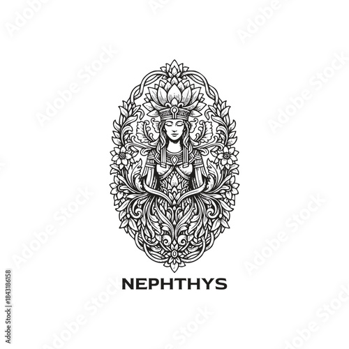 Nephthys Egyptian goddess illustration with floral ornaments and lotus crown in vintage engraving style