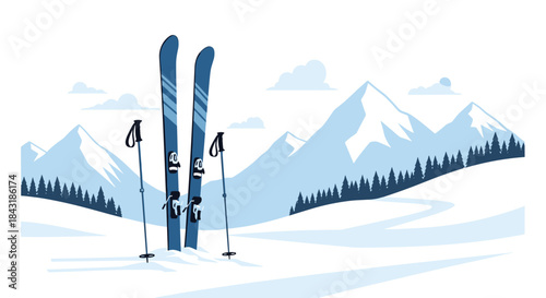 Pair of skis and poles standing in the snow against a beautiful winter landscape of snowy mountains and pine trees.