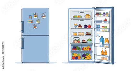 Refrigerator shown both closed with magnets and open, revealing a fridge full of fresh, healthy food and various drinks.
