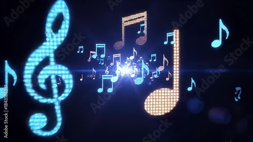 Abstract musical notes floating and glowing in a dark background.