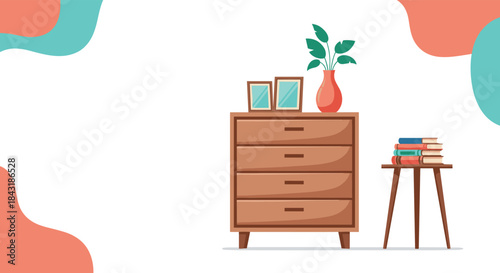 Wooden chest of drawers with picture frames and a plant in a vase, with a stool of books and ample copy space.
