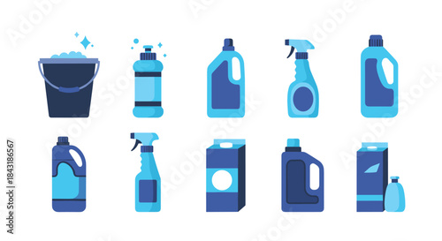 A collection of various blue household cleaning product bottles, sprays, and containers for laundry and disinfection tasks.