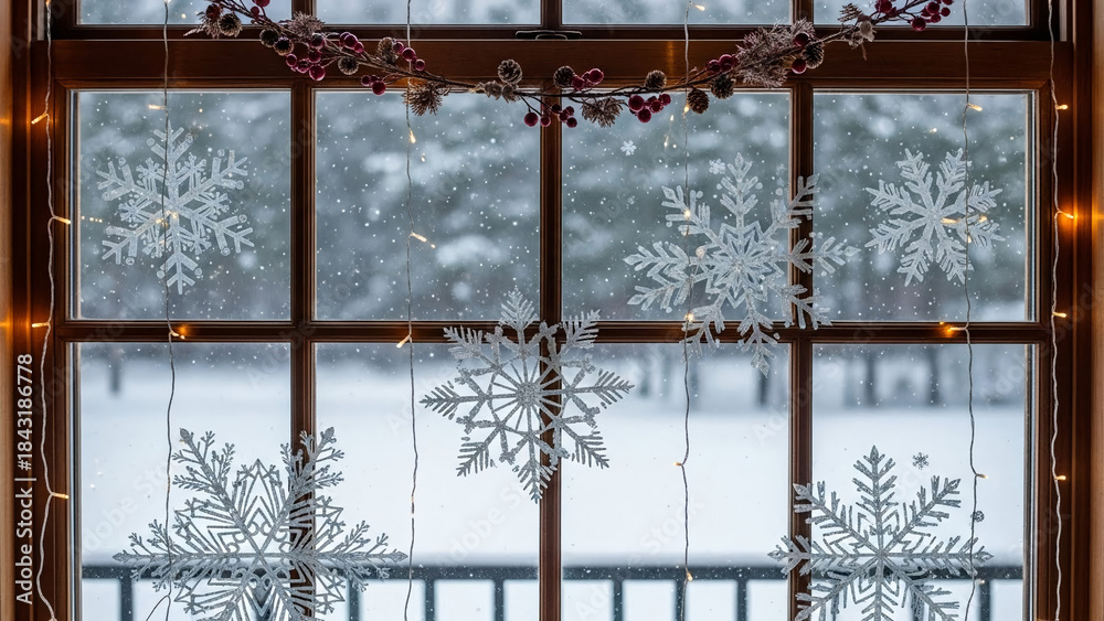 Naklejka premium A festive Christmas window decorated with fairy lights and snowflake details, overlooking a soft winter outdoor background.