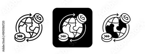 Currency  Solid color and black line drawing vector illustration set