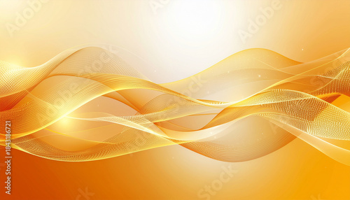 Abstract flowing golden orange waves and lines creating a dynamic and elegant background design with glowing light effects.
