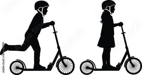 Silhouettes of boy and girl children riding kick scooters while wearing helmets, symbolizing active childhood, sport, leisure, safety, movement, playtime, fun, and healthy outdoor transportation 