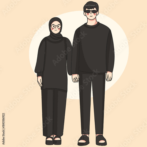 Muslim Couple Standing Together Minimal Flat Illustration