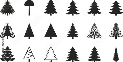 Stylized Christmas tree silhouettes, black vector icons of abstract pine shapes, holiday decoration, festive design elements, winter theme, graphic illustration