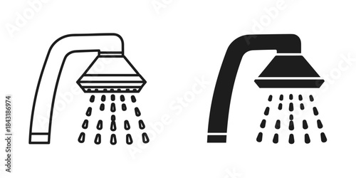 Shower head icon set with water droplets, outline and solid style for bathroom or plumbing concept