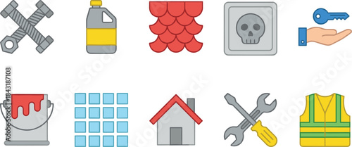 Construction and home repair icon set featuring tools, paint, roof tiles, safety vest, keys, toxic warning, building materials, maintenance symbols illustration