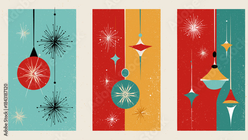 Retro Mid Century Modern Christmas Ornaments Abstract Art Set.