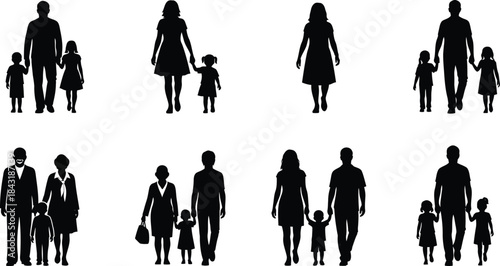 Collection of diverse family and couple silhouettes walking together representing various modern relationship structures and parenting styles
