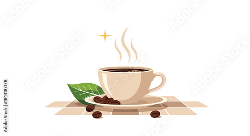 A classic white cup of hot, steaming coffee on a saucer with coffee beans and a green leaf on a tiled background.