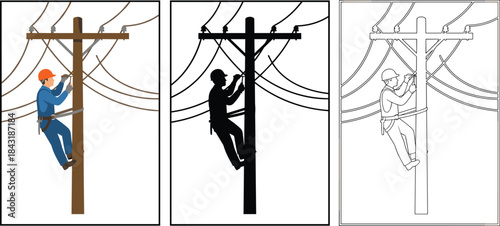 Electric line worker climbing utility pole in color, silhouette, and outline versions, power line maintenance illustration, electrical technician safety and repair scene