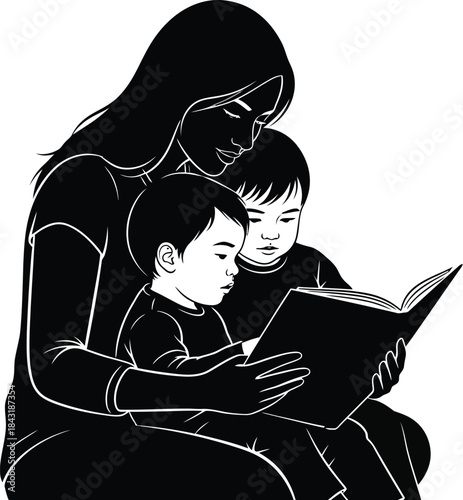 Mother reading a storybook to two young children in a tender black and white illustration symbolizing family bonding and early education