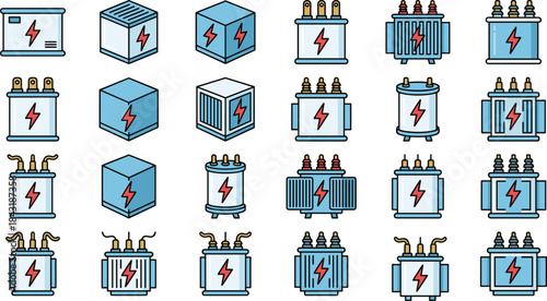 Electrical transformer icon set featuring various power transformers, voltage equipment, energy distribution units, industrial components, high voltage devices for engineering illustration