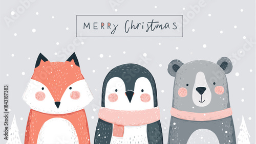 A charming illustration of a fox, a penguin, and a bear wearing scarves against a snowy background with the text "Merry Christmas".
