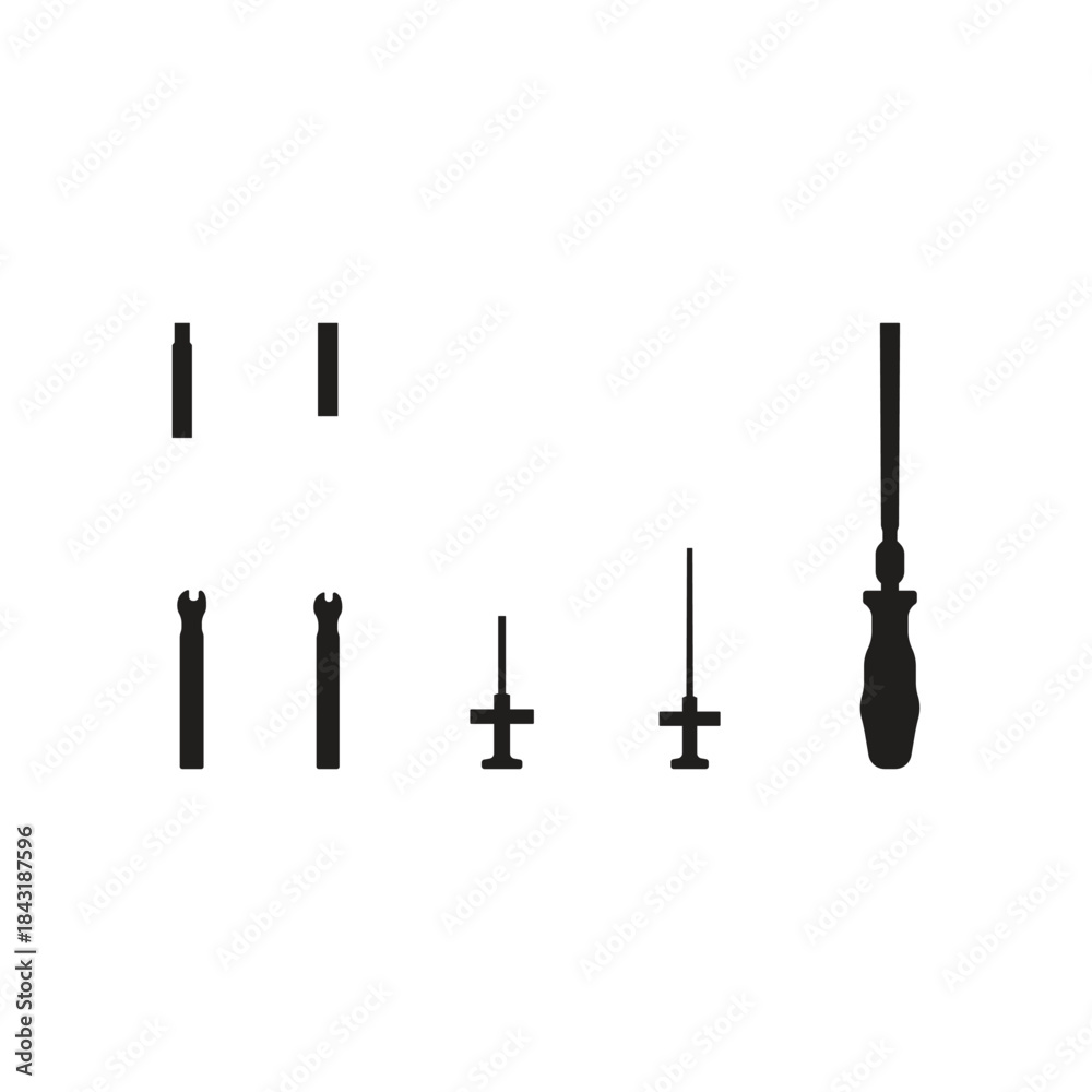 Obraz premium Black Hand Tool Icons Collection – Wrench, Screwdriver, Drill Bits