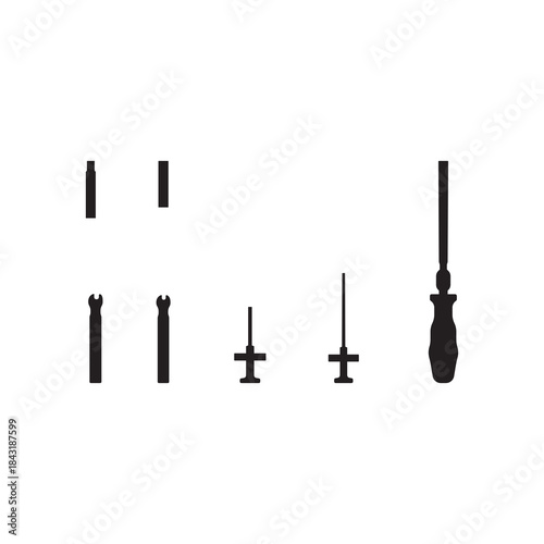 Black Hand Tool Icons Collection – Wrench, Screwdriver, Drill Bits