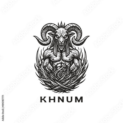 Ancient Egyptian god Khnum illustration with ram head and muscular body in vintage engraving style