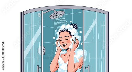 A happy woman enjoying a refreshing shower, washing her hair with shampoo and smiling with her eyes closed in delight.