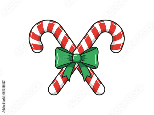 Two festive red and white striped candy canes crossed with a green bow, a sweet holiday treat illustration.
