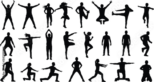 Vector Silhouettes of Fitness and Exercise Routines: Diverse Men and Women Performing Jumping Jacks, Lunges, Stretching, and Aerobics for Wellness, Training, and Gym Design.
